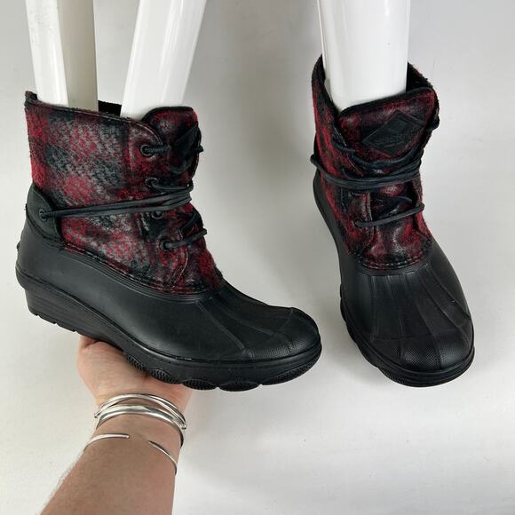 Sperry wedge duck boots women’s 6.5 black red Buffalo check fall slip on secret - Picture 1 of 11